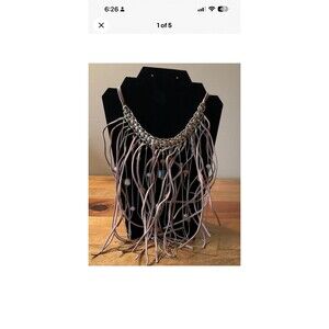 Chicos Brown Leather Fringe Bib Statement Necklace Gold Tone Accents/Beads